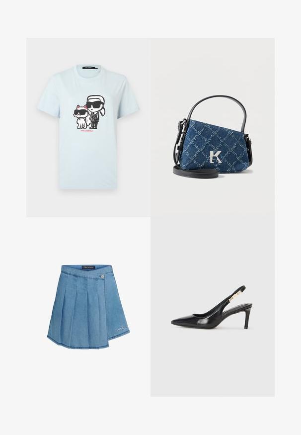 Lyseblå bomulds T-shirt med grafisk design af en person og en kat i solbriller. Teksten "KARL LAGERFELD" er trykt i rødt nedenfor.; Lyseblå denimnederdel med plisseret design, metalknaplukning og broderet detalje i kanten. Glat tekstur og A-formet silhouette.; Sort læder slingback højhælede sko med spidse tæer, glat overflade og en smal ankelrem med guldfarvede hardware detaljer.; Lille blå denim håndtaske med quiltet diamantmønster, sort rem og håndtag, sølv metal "K" logo foran.