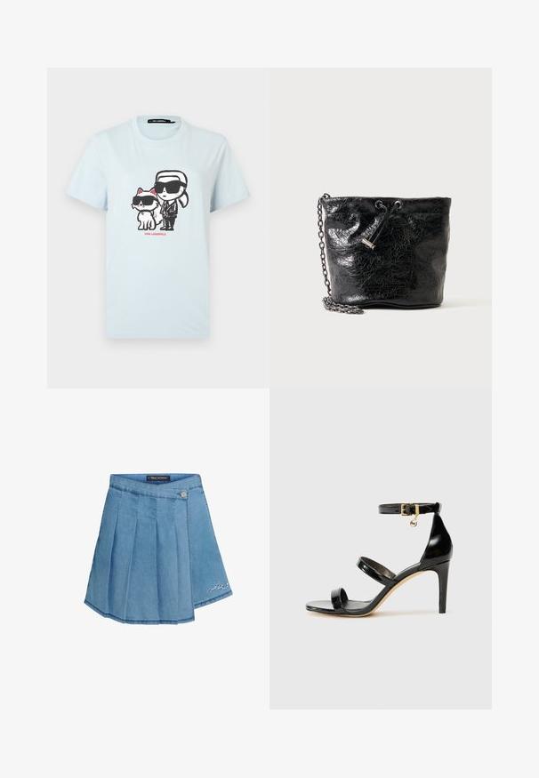 Lyseblå bomulds T-shirt med grafisk design af en person og en kat i solbriller. Teksten "KARL LAGERFELD" er trykt i rødt nedenfor.; Lyseblå denimnederdel med plisseret design, metalknaplukning og broderet detalje i kanten. Glat tekstur og A-formet silhouette.; Sorte patenterede lædersandaler med tre stropper, ankelspænde og 10 cm stiletthæl. Har detaljer i guld og et logo charms.; Sort skinnende læder bucket taske med snørelukning og metal kæderem på ensfarvet baggrund.