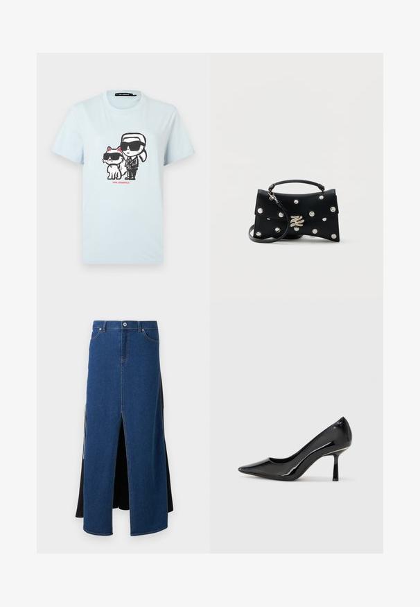 Lyseblå bomulds T-shirt med grafisk design af en person og en kat i solbriller. Teksten "KARL LAGERFELD" er trykt i rødt nedenfor.; Jeansnederdel med blå front og slidser, sort stof bagpå, samt standard talje med en metalknap og syninger.; Sorte patenterede læderpumper med høje hæle, spids tå, slankt design og slank stilettohæle, som har en glat, blank tekstur.; Sort læderhåndtaske med sølvnitter, et topgreb, aftagelig skulderrem og en sølv dekorativ lås på ensfarvet baggrund.