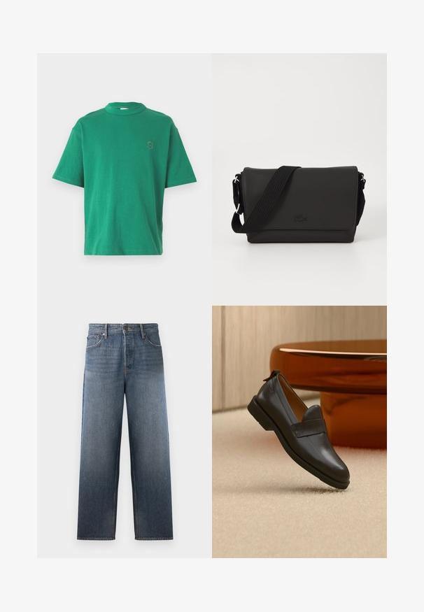 Grøn bomulds t-shirt med rund halsudskæring, korte ærmer og et broderet bogstav "S" på venstre bryst. Blød tekstur, afslappet pasform.; Denimjeans i middelblå med lige ben design, der har fem lommer, knap- og lynlåslukning samt subtile falmeeffekter.; Sort læderloafer med lav hæl svævende over beige tæppe ved siden af et blankt ravfarvet bord i et minimalistisk rum.; Lacoste MESSENGER BAG MEN CLASSIC - Skuldertasker - noir