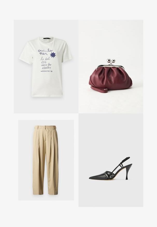 Witte T-shirt met korte mouwen met donkerblauwe Franse tekst en zonafbeelding met de tekst "oui, la mer, le bel été sous les étoiles WEEKEND '83".; Beige hoge taille plissé broek met lussen voor riem, voorrits en rechte wijde pijpen op een effen achtergrond.; Zwarte leren hoge hak slingback schoen met spitse neus, crisscross bandontwerp en slanke stilettohak. Smooth textuur en minimale accenten.; Kleine bordeauxrode leren clutch-portemonnee met zilverkleurige metalen sluiting en polsbandje op een witte achtergrond.