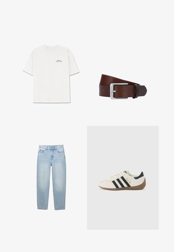 Hvid bomulds t-shirt med en afslappet pasform. Har en rund halsudskæring og korte ærmer. "Cozy Club" er trykt i lys grå på venstre bryst.; Lyseblå jeans med høj talje og lige ben med forreste knap, lynlås lukning, bæltestropper og fem-lomme-design på hvid baggrund.; Hvid Adidas-sneaker med sorte striber, brun tekstureret sål og "SPEZIAL" i guldbogstaver på siden, set fra ydersiden.; Brun læderbælte med en sølv rektangulær spænde, glat overflade, fire bæltet huller og en tilspidset ende.