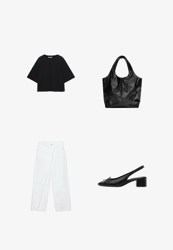 Haut noir à manches courtes en mélange de coton. Coupe carrée avec manches larges et encolure ronde. Couleur unie, sans motifs ni accents visibles.; Pantalon blanc à jambes larges avec un panneau avant superposé, passants pour ceinture, poches avant et fermeture par bouton.; Chaussure slingback en cuir noir avec petit talon carré et petit détail de nœud sur l'orteil pointu, vue de côté sur fond blanc.; Sac fourre-tout en cuir noir avec une texture lisse, un haut arrondi doux et de larges poignées. Présente une couture minimale et une silhouette décontractée.