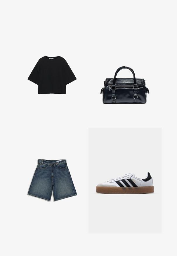 Haut noir à manches courtes en mélange de coton. Coupe carrée avec manches larges et encolure ronde. Couleur unie, sans motifs ni accents visibles.; Short en jean bleu foncé avec poches avant, passants de ceinture et fermeture par bouton, posé à plat sur fond blanc.; Baskets en cuir blanc avec des rayures noires, semelle extérieure en caoutchouc beige, bout rond, fermeture lacée et embout en suède gris doux.; Sac à main en cuir noir avec double poignée, poche zippée avant et détails en anneaux métalliques argentés sur fond blanc.