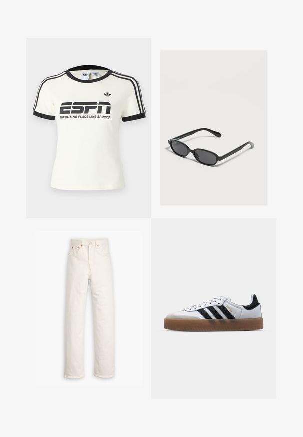 Hvid T-shirt med korte ærmer og sorte detaljer, med teksten "ESPN" og sloganet "THERE'S NO PLACE LIKE SPORTS" samt tre sorte striber på skuldrene.; Hvide denim jeans med lige ben, fem-lommestil og kobberdetaljer. Rå kantfinish ved anklerne.; Hvide lædersneakers med sorte striber, gummirubber sål, rund tå, snørelukning og blød grå ruskinds tåhætte.; Sorte ovale solbriller med mørke linser og tynde stel, der hviler på en lys overflade.