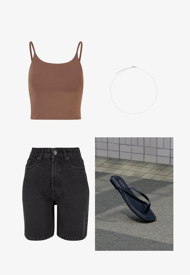 Hnedý crop top vyrobený z hladkej látky s tenkými, nastaviteľnými ramienkami. Má zaoblený výstrih a priliehavý strih.; Čierne džínsy krátke šortky s vysokým pásom, päť vreciek a uzáverom na kovový gombík. Materiál má hladkú textúru s jemným opotrebovaním.; Čierna kožená žabková sandála s tenkými remienkami leží na šedom povrchu vedľa obloženej steny, s textom vložky označeným "S. MAMMI".; Jemný strieborný náhrdelník s drobnými rovnomerne rozloženými bielymi perlami a karabínkovým zapínaním s nastaviteľným predĺžením.