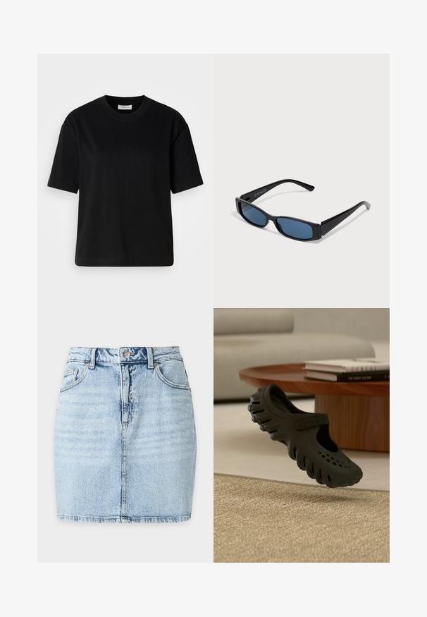 Schwarzes Baumwoll-T-Shirt mit kurzen Ärmeln, Rundhalsausschnitt und lockerer Passform. Glatte Textur und minimalistisches Design ohne sichtbare Muster oder Akzente.; Hellblauer Jeans-Minirock mit Frontknopf, Gürtelschlaufen, zwei Vordertaschen und sichtbarer vertikaler Naht in der Mitte.; Schwarzer Crocs-Clog mit Belüftungslöchern und Riemen, schwebend über einem beigen gewebten Teppich, einem Couchtisch aus Holz mit Büchern und einem beigen Sofa im Hintergrund.; Schwarze Sonnenbrille mit einem eleganten rechteckigen Rahmen und blauen Gläsern. Besitzt eine glatte Oberfläche und robuste Scharniere. Markenlogo an der Seite.