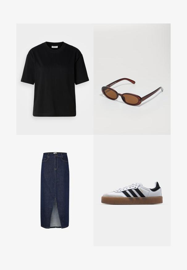 Schwarzes Baumwoll-T-Shirt mit kurzen Ärmeln, Rundhalsausschnitt und lockerer Passform. Glatte Textur und minimalistisches Design ohne sichtbare Muster oder Akzente.; Dunkelblaue Jeans-Bleistiftrock mit einem Schlitz vorne, erhältlich mit gelben Nähten und klassischem Fünf-Taschen-Design. Reißverschlussverschluss hinten.; Weiße Leder Sneakers mit schwarzen Streifen, Gummigummi-Außensohle, runder Zehenform, Schnürverschluss und weichem grauem Wildleder-Zehenkappe.; Runde, braun getönte Sonnenbrillen mit einem glänzenden burgunderfarbenen Rahmen. Schlanke Bügel mit dezentem Branding. Flaches Linsendesign.