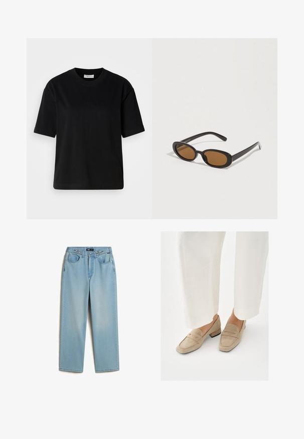 Sort bomulds T-shirt med korte ærmer, rund halsudskæring og en afslappet pasform. Glat tekstur og minimal design uden synlige mønstre eller accenter.; Vans CINCHED CHECK - Baggy jeans - light stonewash; Beige ruskind loafers med lav hæl, der har et syet design og en rundet tå. Båret sammen med hvide, vidde bukser.; Solbriller med ovale brune linser, sorte plastikstel og tynde arme. Glat tekstur med et minimalistisk design.