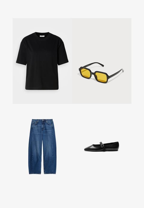 Sort bomulds T-shirt med korte ærmer, rund halsudskæring og en afslappet pasform. Glat tekstur og minimal design uden synlige mønstre eller accenter.; Bredde ben blå denim jeans med mellemhøj talje, fem lommer og knaplukning. Stoffet har en let tekstur med falmede detaljer.; Sorte flade sko lavet af læder med spidse tæer, justerbar rem med metalspænde, glat tekstur og minimalistisk design.; Sorte rektangulære solbriller med gule linser. Funktioner inkluderer tykke stel og kantet design med en glat, blank finish.