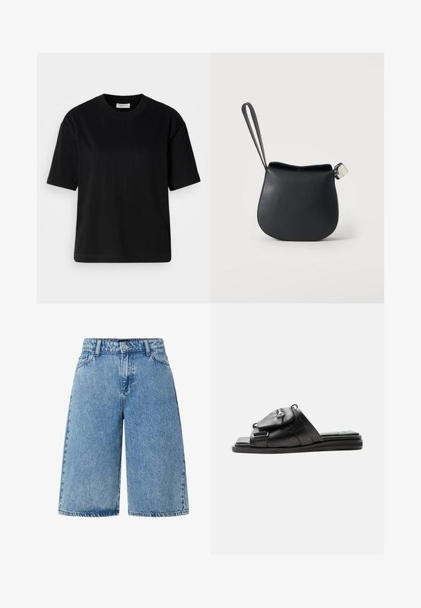 Schwarzes Baumwoll-T-Shirt mit kurzen Ärmeln, Rundhalsausschnitt und lockerer Passform. Glatte Textur und minimalistisches Design ohne sichtbare Muster oder Akzente.; Hellblaue Jeansshorts mit weitgeschnittenem Design, klassischem Fünf-Taschen-Stil und einem strukturierten Material mit einem ausgewaschenen Finish.; Schwarze Ledersandale mit gepolsterter Sohle und vorderer Reißverschlusstasche am Riemen.; Schwarze Leder-Handgelenktasche mit abgerundetem Boden und silbernem Verschluss auf schlichtem weißem Hintergrund.