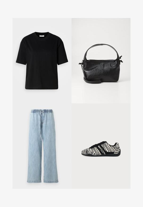T-shirt en coton noir à manches courtes, à encolure ronde et à coupe décontractée. Texture lisse et design minimal sans motifs ni accents visibles.; Pantalon large en denim bleu clair avec taille élastique et cordon de serrage, poches avant et coupe décontractée.; Baskets à lacets noires et blanches avec motif rayures zèbre et semelle noire texturée sur un fond clair uni.; Sac à main en cuir noir au design structuré, avec une poignée arrondie et une bandoulière amovible. Présente une texture lisse et un éclat subtil.