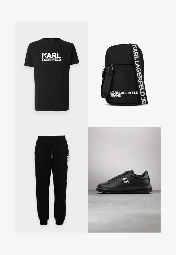 T-shirt en coton noir avec un logo « KARL LAGERFELD » en blanc audacieux sur le devant, col rond et manches courtes. Texture lisse et coupe classique.; Pantalons de survêtement noirs en tissu doux, avec une taille élastique dotée d'un cordon de serrage, des jambes fuselées et un logo sur le côté.; Personne portant un pantalon en cuir noir et des baskets noires avec un petit accessoire personnage de dessin animé sur le côté, debout sur un sol en bois.; Sac bandoulière noir en tissu, de forme rectangulaire, avec une poche avant zippée et une sangle logo contrastante en blanc.