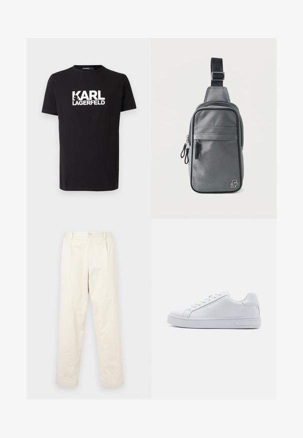 Camiseta de algodón negra con un atrevido logo en blanco "KARL LAGERFELD" en el frente, cuello redondo y mangas cortas. Textura suave y ajuste clásico.; Chinos de algodón color beige claro con un diseño de pierna recta, que presentan un cierre de botón y dos bolsillos laterales. Textura suave sin patrones visibles.; Zapatilla de cuero blanca con una textura suave, puntera redonda, cierre de cordones en la parte delantera y suela de goma plana. Presenta un logo en relieve en el talón.; Bolso bandolera gris compacto con correa negra ajustable, bolsillo delantero con cremallera y pequeño emblema de logo en la esquina inferior derecha.