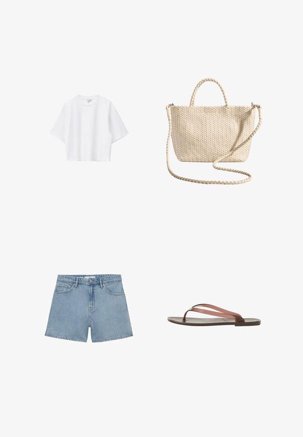 Witte cropped T-shirt van zacht katoen met een ronde hals, korte mouwen en een comfortabele pasvorm. Eenvoudig en veelzijdig ontwerp.; Lichtblauwe spijkerbroekshorts met een hoge taille, vier zakken en een knoopsluiting. Beschikt over een klassieke rechte broekspijp en een rafelige zoom.; Platte bruine teenslipper met dunne glanzende bandjes en een eenvoudige zool, van de zijkant afgebeeld op een witte achtergrond.; Beige geweven handtas met korte handgreep en lange gevlochten schouderriem, rechthoekige vorm met ritssluiting bovenop.