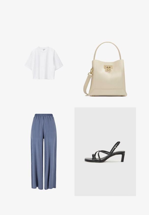 T-shirt blanc court en coton doux, avec col rond, manches courtes et coupe décontractée. Design simple et polyvalent.; Pantalons larges bleus à rayures verticales blanches et taille élastique, présentés sur un fond blanc.; Sandale noire à lanières avec un bout carré et un petit talon bloc. Elle présente plusieurs fines lanières et une sangle de cheville ajustable. Fabriquée en cuir lisse.; Sac à main en cuir crème avec une forme structurée, doté d'un fermoir en ton doré et d'une courte poignée, ainsi qu'une bandoulière détachable.