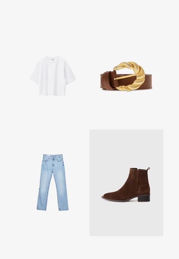 Hvid cropped t-shirt lavet af blød bomuld med rund hals, korte ærmer og løs pasform. Simpelt og alsidigt design.; Lyseblå denimjeans med lige pasform, fem-lomme-design og synlig syning. Mellem-høj talje med klassisk knap- og lynlåslukning.; Brune ruskind ankelstøvle med rund tå, lav blokhæl og lynlås på siden. Har en træksløjfe bagpå for nem påtagning.; Brunt læderbælte med stor snoet guldooval spænde og matchende læderløkker på hvid baggrund.