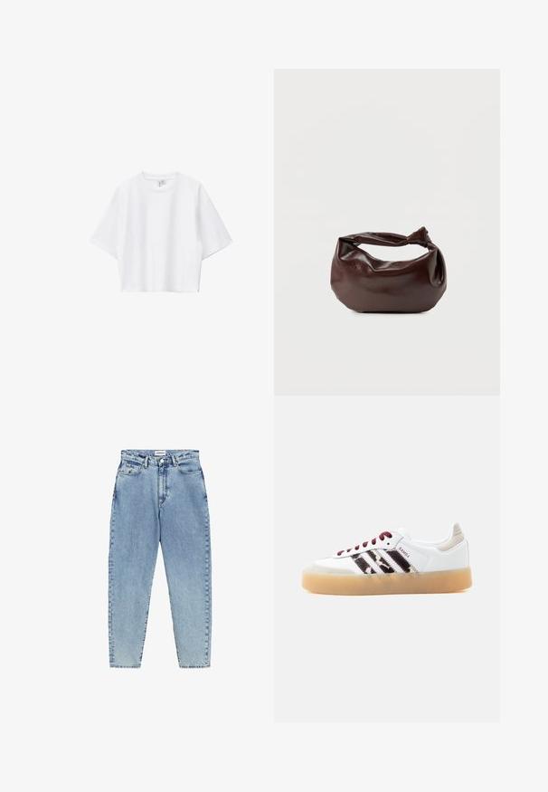 Weißes, kurz geschnittenes T-Shirt aus weicher Baumwolle mit Rundhalsausschnitt, kurzen Ärmeln und lockerer Passform. Einfaches und vielseitiges Design.; Helle blaue Jeans mit hochsitzt, geradem Bein und Kontrastnähten. Mit vorderen und hinteren Taschen sowie einem Knopfverschluss.; Weißer Adidas Samba Sneaker mit dunkelroten Schnürsenkeln, schwarzen flauschigen Streifen, beiger Fersenlasche und durchsichtiger Gummisohle, von der linken Seite gezeigt.; Dunkelbraune Lederschultertasche mit weicher, lockerer Form und einem gedrehten Knotengriff vor schlichtem weißem Hintergrund.
