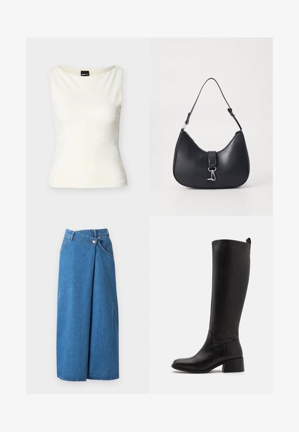 Weißes ärmelloses eng anliegendes Oberteil mit subtiler, floraler Textur und U-Boot-Ausschnitt.; Blauer Denim-Midirock mit überlappendem Frontpanel, Gürtelschlaufen, seitlichen Taschen und Knopfverschluss in der Taille.; Schwarze kniehohe Stiefel aus glattem Leder mit Blockabsatz, runder Spitze und einem eleganten, schlichten Design.; Pieces PCLIKA SHOULDER BAG - Handtasche - black