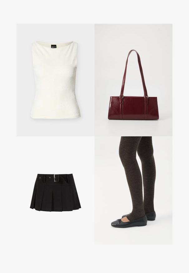 Haut blanc ajusté sans manches avec un motif floral texturé subtil et un col bateau.; Jupe plissée noire avec une ceinture. Confectionnée dans un tissu lisse, avec une boucle en métal argenté et une taille structurée pour plus de style.; Jambes portant des leggings côtelés foncés associés à des ballerines noires avec de petits détails en nœud sur fond blanc.; Sac à main bordeaux en matériau brillant, de forme rectangulaire, avec deux anses et des accents légèrement courbés à l'avant.