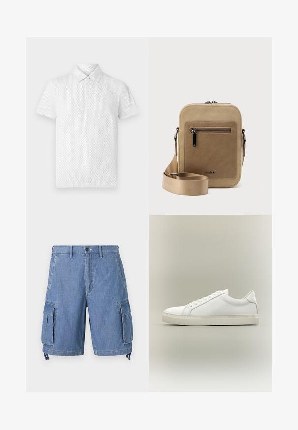 Witte polo met korte mouwen, voorzien van een klein geometrisch patroon, drie knopen op de kraag en een klassieke pasvorm. Gemaakt van ademende stof.; Blauwe denim cargo shorts met een knoopsluiting, twee voorzakken en twee grote zijflapzakken. Inclusief verstelbare koordjes aan de zoom.; Witte lage sneaker met veters aan de voorkant en dikke zool, zijaanzicht tegen een neutrale achtergrond.; Kleine beige crossbodytas met een voorvak met ritssluiting, metalen ALDO-logo, verstelbare brede band en afgeronde rechthoekige vorm op een witte achtergrond.