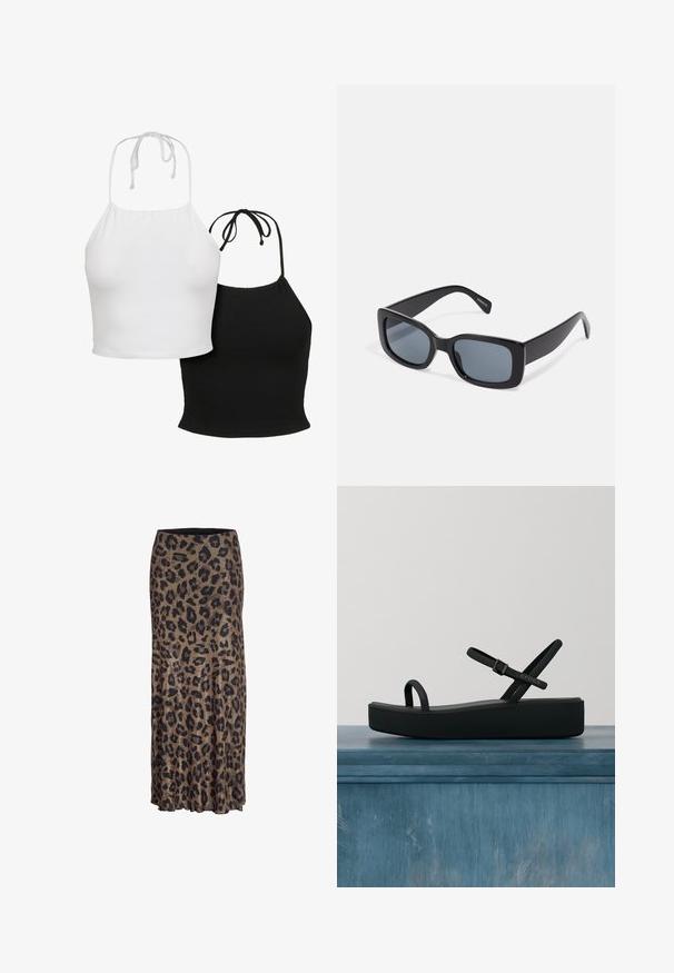 To halter toppe: en hvid og en sort, lavet af glat stof, med justerbare snore i nakken, med en tætsiddende crop design.; Leopardprint nederdel i brune og sorte nuancer, med et flydende design og en subtil flæsekant, fremstillet af et let og blødt stof.; Sort platformsandal med tynde stropper og spænde, mærket "Crocs", vist svævende over en glat gulv mod en ribbet glasbaggrund.; Sorte rektangulære solbriller med mørkt tonede linser, tyk plastramme og brede stænger. Glat overflade og kantet design.