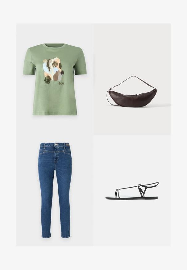 Grøn kortærmet rundhals T-shirt med abstrakte organiske former i beige, brun, blå og sort samt "MM" bogstaver nær nederste højre hjørne.; Slank jeans i mørkeblå denim med fem lommer, knaplukning og kontrastsyninger. Glat tekstur med minimal falmning.; Sort flad sandal med tynde remme, en tå-løkke og en justerbar ankelspænde på en lys grå baggrund.; Mørkebrun læder skuldertaske i halvmåneform med buet rem og synlige syninger på ensfarvet baggrund.