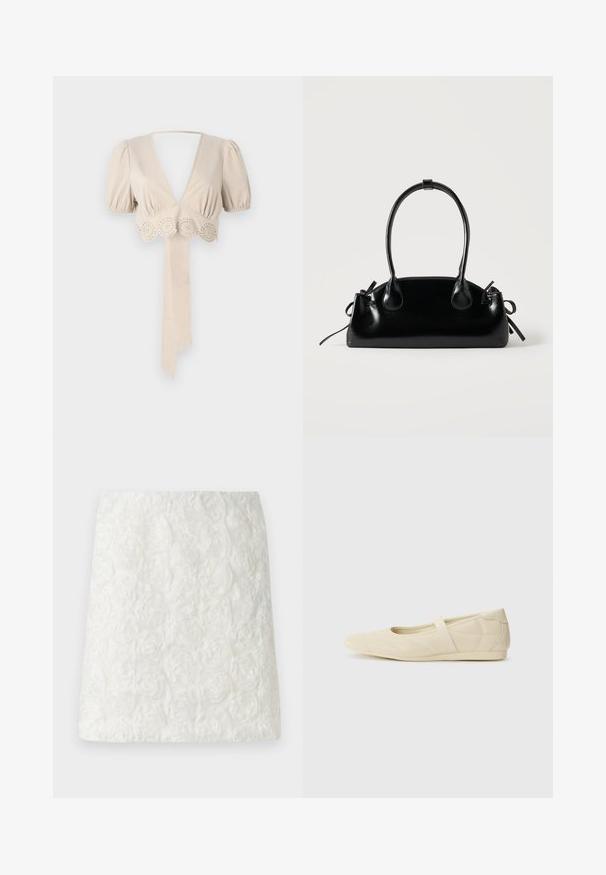 Top court beige avec des manches bouffantes, décolleté en V profond et bordure décorative en œillets à l'ourlet. Comprend une ceinture en tissu nouée. Texture lisse.; Jupe mini blanche avec une surface texturée ornée de motifs floraux en relief ressemblant à des roses, fabriquée en tissu léger.; Ballerines beiges avec une exterior en cuir lisse, un bout en forme d'amande et une sangle élastique sur le coup de pied, avec des détails de couture subtils.; Petit sac à main noir brillant avec deux longues anses et des détails à cordon sur les côtés sur un fond clair uni.