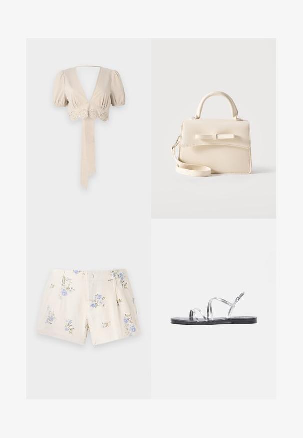 Beige cropped top met pofmouwen, diepe V-hals en decoratieve gaatjesrand aan de onderkant. Beschikt over een gebonden stoffen ceintuur. Vloeiende textuur.; Bloemrijke shorts van lichte stof, met een crèmekleurige basis en blauwe en groene bloempatronen, twee voorzakken en een knoopsluiting.; Zilveren sandaaltjes met straps en een platte zwarte zool, voorzien van dunne metallic banden en een verstelbare enkelgesp. Gelijke en gladde textuur.; Kleine beige handtas met bovenhandvat, afneembare riem, voorflap en decoratieve horizontale strik op een effen achtergrond.