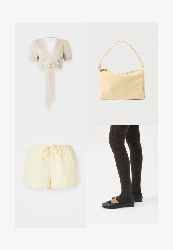 Beige cropped top met pofmouwen, diepe V-hals en decoratieve gaatjesrand aan de onderkant. Beschikt over een gebonden stoffen ceintuur. Vloeiende textuur.; Gele katoenen shorts met een elastische tailleband en een trekkoord. Heeft geborduurde bloemenpatronen en een scalloped zoomdetail.; Benen met donkere geribbelde leggings gecombineerd met zwarte ballerina's met kleine strikdetails op een witte achtergrond.; Kleine beige leren handtas met een enkele band en zilveren studs langs de randen en band, tegen een effen achtergrond.