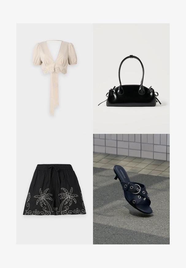Beige cropped top med puffede ærmer, dyb V-hals og dekorativ øje-læd trim i kanten. Har en bundet stofbånd. Glat tekstur.; Sorte bomuldsshorts med elastisk linning og snøre. Har hvide broderede palmetræsmotiver langs kanten.; Sort hælsandal med krydsede stropper med sølvøjer og en rund spænde, placeret på tekstureret fortov nær flisevæg.; Lille sort blank håndtaske med to lange håndtag og snøre-detaljer i siden på en ensfarvet lys baggrund.