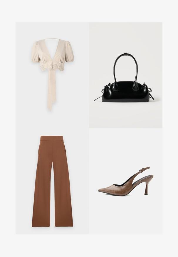 Top court beige avec des manches bouffantes, décolleté en V profond et bordure décorative en œillets à l'ourlet. Comprend une ceinture en tissu nouée. Texture lisse.; Pantalons larges marron en tissu lisse et extensible. Dotés d'une taille haute et de poches latérales, conçus pour une coupe décontractée.; Chaussure slingback en cuir marron à talons hauts, bout pointu, bride ajustable à boucle et talon fin et effilé.; Petit sac à main noir brillant avec deux longues anses et des détails à cordon sur les côtés sur un fond clair uni.