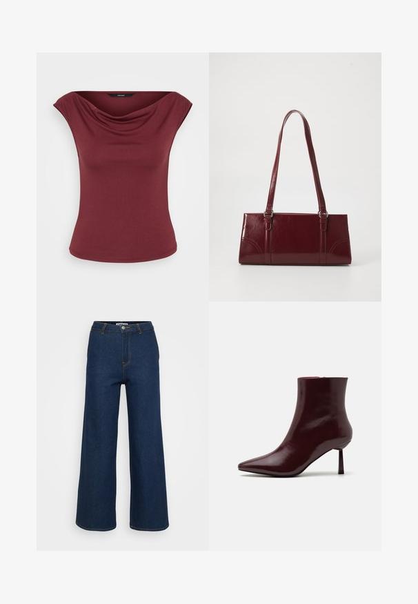 Mouwloze bordeauxrode top met een gedrapeerde halslijn en een aangesloten taille, weergegeven tegen een effen witte achtergrond.; Wijde denim broeken in donkerblauw met contrasterende gele stiksels, hoge taille en een knoopsluiting. Soepele textuur en klassiek ontwerp.; Bordeaux patentleren enkelboot met een spitse neus en een slanke stilettohak, met een gladde, glanzende textuur en een minimalistisch ontwerp.; Bourgondische handtas van glanzend materiaal, rechthoekige vorm, met twee schouderbanden en subtiele gebogen accenten aan de voorkant.