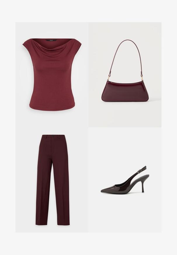 Mouwloze bordeauxrode top met een gedrapeerde halslijn en een aangesloten taille, weergegeven tegen een effen witte achtergrond.; Donker bordeaux straight-fit broek met knoop- en ritssluiting, riemlussen en geperste vouwen, getoond tegen een effen achtergrond.; Slingback hoge hak schoen in glanzend donkerbruin patentleer, puntige neus, open zijkanten en verstelbare enkelband.; Donker bordeaux glanzende handtas met een enkele dunne handgreep en een slanke trapeziumvorm op een effen lichte achtergrond.