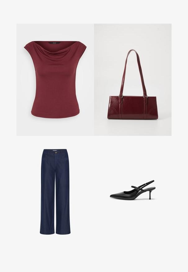 Ærmeløs burgundy top med draperet halsudskæring og tætsiddende talje, vist mod en ensfarvet hvid baggrund.; ICHI IHFlared - Flared jeans - dark blue; Sorte læder slingback hæle med spids tå, slank justerbar rem og en stiletto hæl på cirka 5 cm, glat tekstur.; Bordeaux håndtaske lavet af glansfuldt materiale, rektangulær form, med to skulderremme og subtile buede detaljer på forsiden.