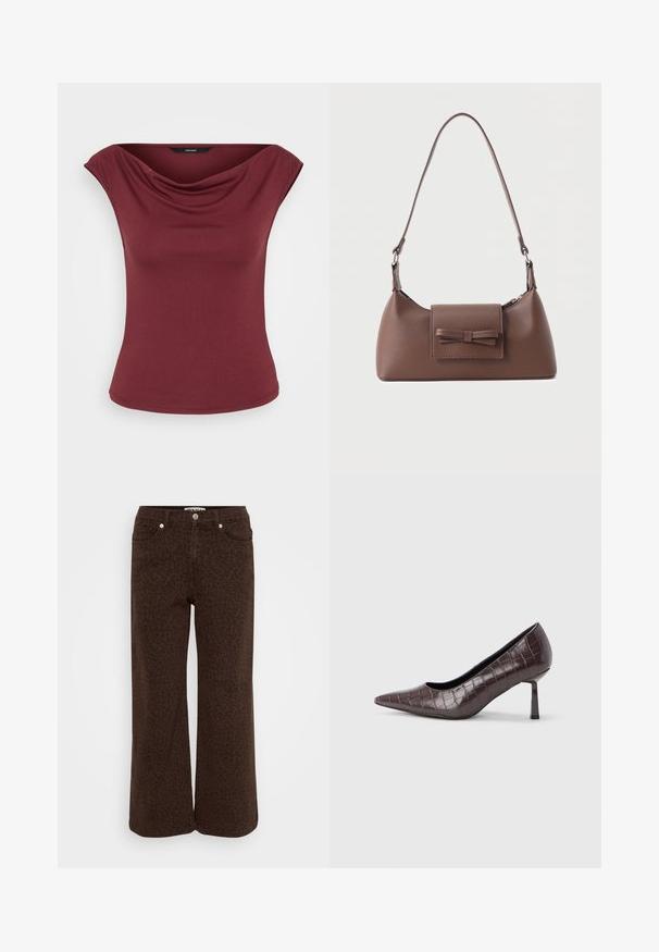 Ærmeløs burgundy top med draperet halsudskæring og tætsiddende talje, vist mod en ensfarvet hvid baggrund.; Brune viddejeans med et subtilt leopardmønster. Lavet af denim og har et fem-lomme-design samt metalknaplukning.; Brune kunstlæder stiletter med spidse tæer og krokodilletekstur, der har en slank, vinklet hæl og en glat inderside.; Brun skuldertaske i læder med en frontlomme med klap, der har en sydd sløjfedetalje, og en justerbar rem.