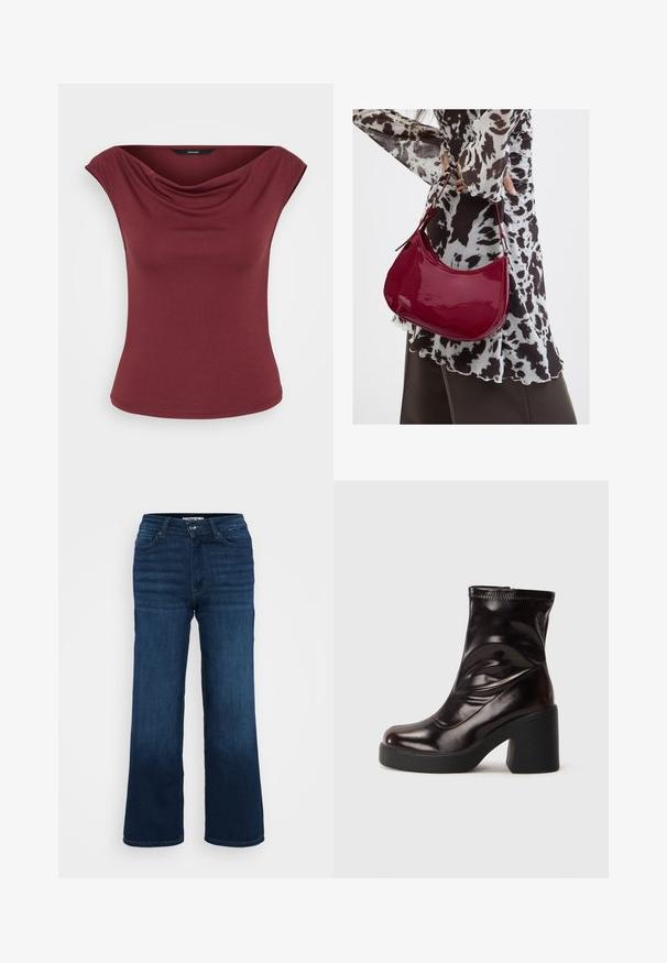 Kätev ehetega burgundi värvi pluus, millel on volditud kaelus ja istuv talje, esitletud lihtsa valge tausta ees.; ONLY Petite ONLMADISON BLUSH WIDE - Wide leg - dark blue denim; Särava must kottking, millel on paks plokk-konts ja ümar varvas, sujuv nahast ülemine osa koos peente õmbluse detailidega.; Naine, kes kannab must-valget mustriga pluusi ja hoiab läikivat punast õlakotti ühevärvilise tausta ees.