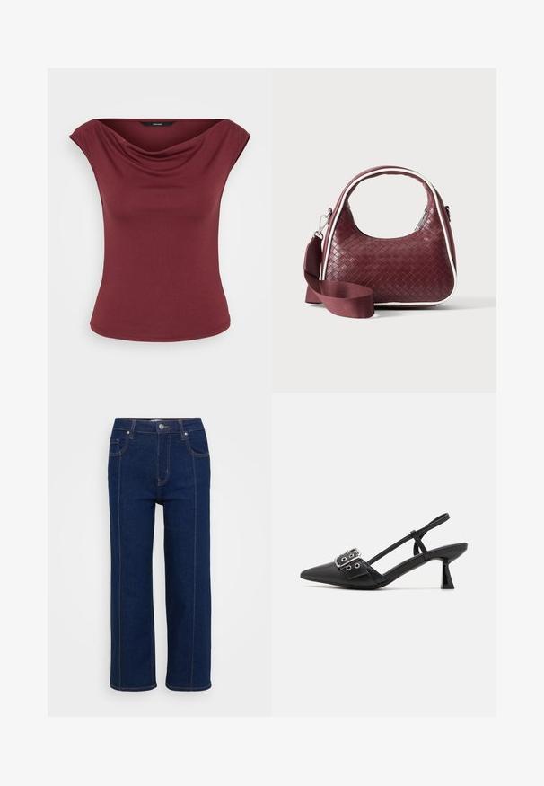 Ærmeløs burgundy top med draperet halsudskæring og tætsiddende talje, vist mod en ensfarvet hvid baggrund.; Mørkeblå lige ben jeans med knaplukning, for- og baglommer samt synlig orange syning langs sømmene.; Simmi London DALA - Pumps - black; Mørkerød vævet lædertaske med buet hank, hvid kant, sølv lynlås og aftagelig bred stofskulderrem mod en ensfarvet baggrund.