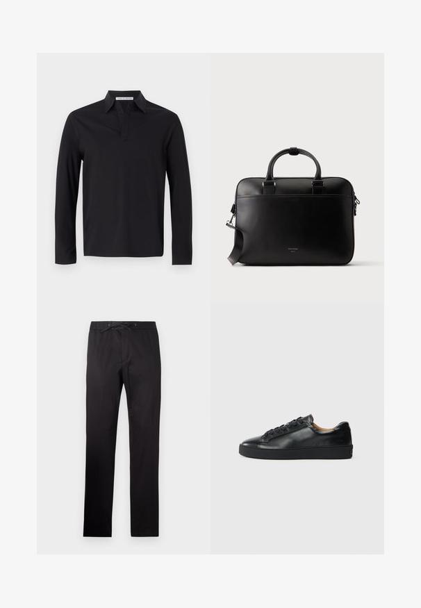 Tiger of Sweden TRUANE - Camiseta de manga larga - black; Pantalones negros con cintura elástica y cordón. Presentan una textura suave y un diseño de pierna recta. Estilo minimalista sin patrones.; Zapatilla negra de cuero con una textura suave, puntera redonda y cierre de cordones. Presenta una suela de goma gruesa y un detalle de marca mínimo.; Maletín de cuero negro con dobles asas, correa de hombro desmontable y pequeño texto con el logo en el frente, sobre un fondo claro y liso.