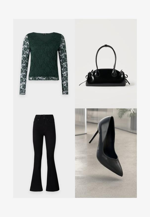 Haut à manches longues vert en dentelle avec un motif floral ; présente un col en V et un tissu uni sur le corps, avec des manches en dentelle transparente.; Pepe Jeans FLARE CONTOUR - Jean flare - black denim; Escarpin noir en cuir verni à talons hauts avec bout pointu, au design élégant et sans hardware visible. Texture lisse et style minimaliste.; Petit sac à main noir brillant avec deux longues anses et des détails à cordon sur les côtés sur un fond clair uni.