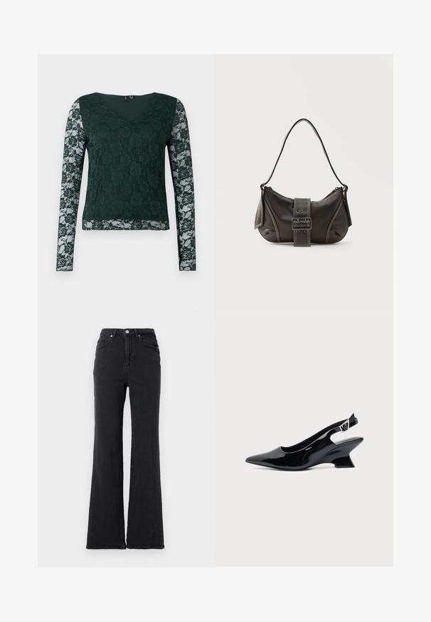 Top verde de manga larga hecho de encaje con un patrón floral; presenta un escote en V y una parte del torso de tela sólida, con mangas de encaje transparente.; Jeans de mezclilla negros de cintura alta con pierna acampanada, botón frontal y diseño de cinco bolsillos sobre un fondo blanco liso.; Zapato slingback de cuero charol negro con puntera puntiaguda y tacón bajo en bloque inclinado sobre fondo claro liso.; Bolso de hombro de cuero negro con detalle de correa con hebilla, bordes curvos y costuras blancas en contraste sobre un fondo liso.