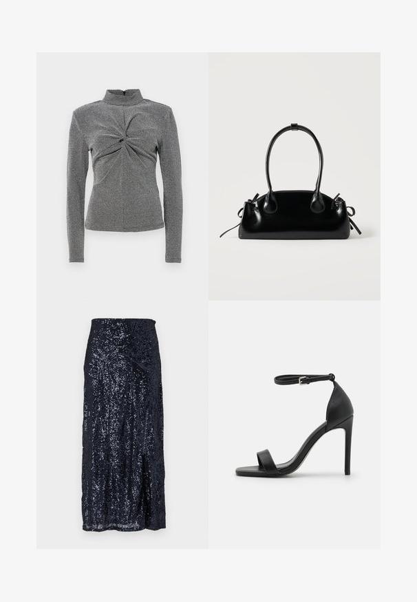 Sorte og hvide langærmede turtleneck top med tekstureret mønster, der har en knude detalje foran og en tætsiddende silhuet.; Marineblå paillet midi skirt med en glat tekstur, der har en tætsiddende talje og en let udvidelse ved kanten. Designet skaber reflekterende mønstre.; Sort højhælet sandal med et sleek design, der har en ankelrem, åben tå og glat lædertekstur.; Lille sort blank håndtaske med to lange håndtag og snøre-detaljer i siden på en ensfarvet lys baggrund.