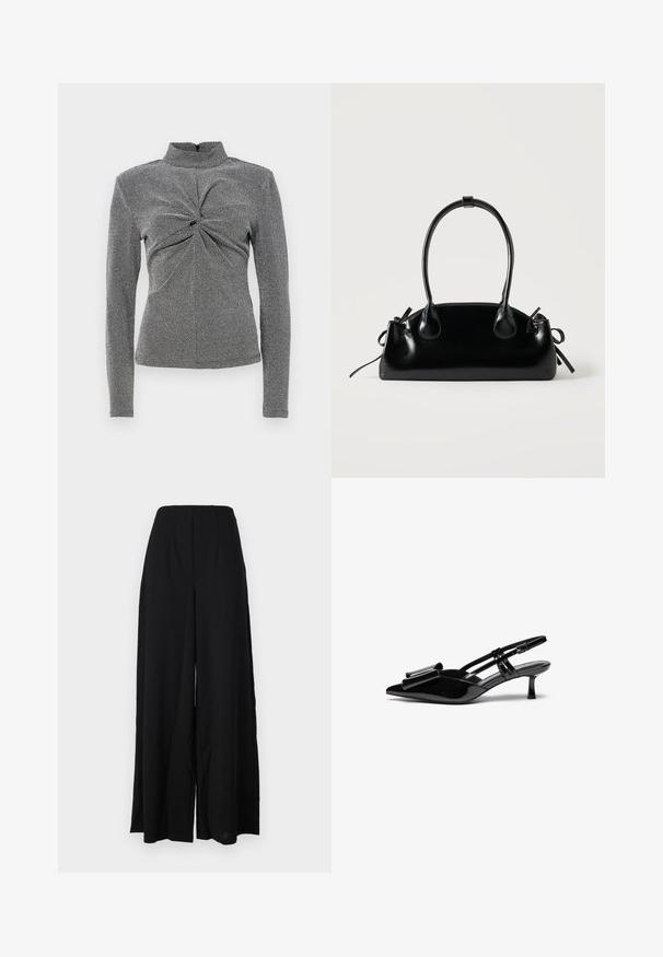 Top de cuello alto de manga larga en blanco y negro con patrón texturizado, que presenta un detalle de nudo en la parte delantera y una silueta ajustada.; Pantalones de pierna ancha negros, confeccionados con una tela texturizada, que presentan una cintura alta con pliegues y bordes limpios para una silueta elegante.; Zapatos de tacón slingback de charol negro con punta afilada, detalle de lazo en el frente y un pequeño tacón de aguja. Las correas tienen hebillas ajustables.; Pequeño bolso negro brillante con dos asas largas y detalles de cordón lateral sobre un fondo claro liso.