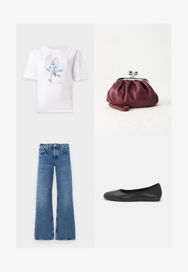 Hvid t-shirt med grafik af en løbende kanin iført en blå hættetrøje, mønstrede leggings og grønne sneakers, med bylandskab i baggrunden.; Bredde ben jeans i blå denim med en falmet vask, frontlommer, en knaplukning og slidte kanter ved benene.; Sort læderballetsko med rund tå, glat tekstur, minimal syning og et fleksibelt såldesign.; Lille bordeauxlæder clutch-pung med sølv metal lukning og håndledsrem på hvid baggrund.