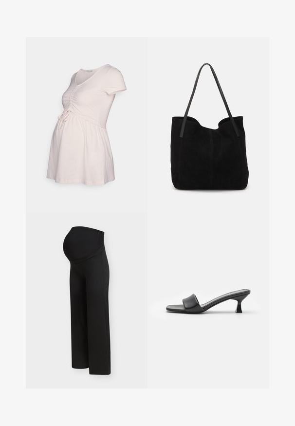 Anna Field MAMA by Zalando T-shirt basique - pink; Pantalon de maternité noir avec une taille haute et extensible conçue pour soutenir un ventre de femme enceinte, présenté sur un fond clair uni.; Mules noires à talons avec une tige en cuir lisse et mat, orteils ouverts, large sangle sur le cou-de-pied et talon carré fin.; Sac fourre-tout en suède noir avec deux longues anses en cuir plates. Présente un bord supérieur incurvé et des coutures visibles sur le devant. Pas d'accents en métal.