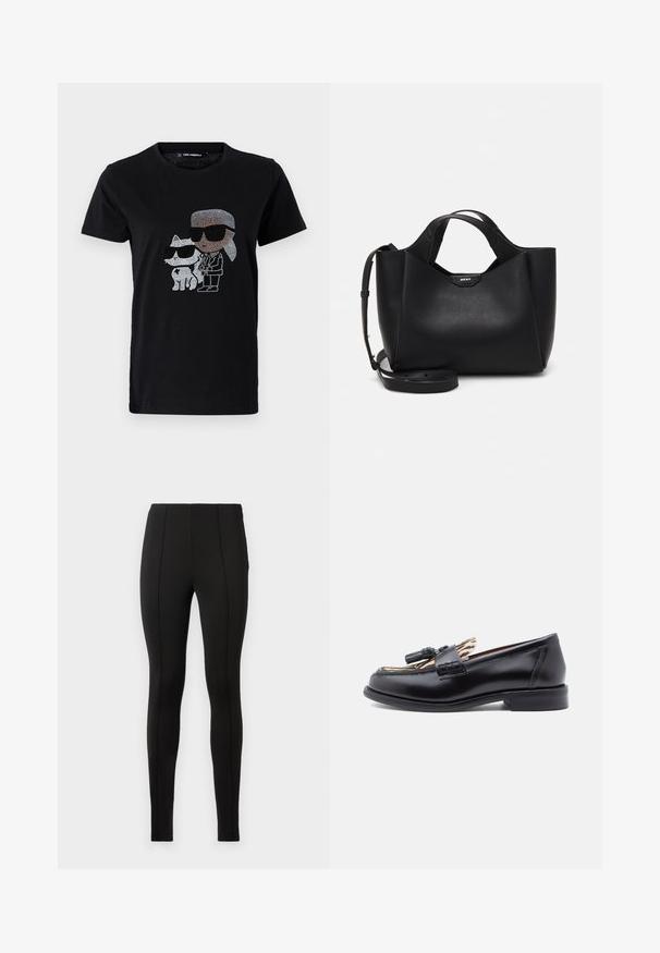Mustmust mustshirt, mille rhinestone graafikula isikust ja valgest kassist, kummalgi prillid peas. Ümmargune kaelus ja lühikesed varrukad.; Mustad retuusid elastsest kangast, millel on sile tekstuur, kõrge vöökoht ja vertikaalsed õmblused jalgade mööda.; Mustad musta nahast loafers, millel on ümar varvas, kaunistatud põimitud kordsusega ning kontrastse loomaprindiga voodriga. Madal, sirge konts.; Must musta kott mustadest nahast tekstureeritud pinnaga, nurgeline kuju, kahe käepidemega ja reguleeritava õlašliipiga. Sisaldab DKNY logo aktsenti.