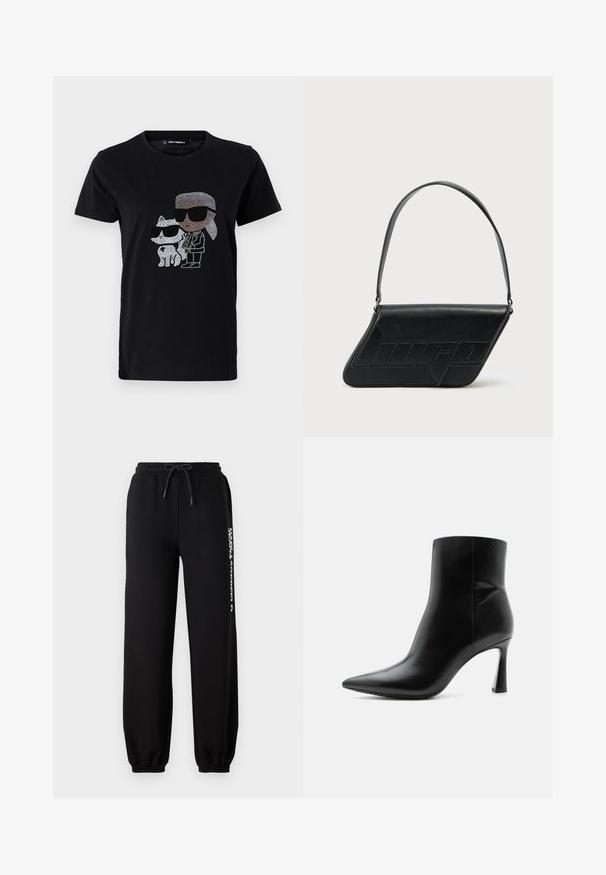 Mustmust mustshirt, mille rhinestone graafikula isikust ja valgest kassist, kummalgi prillid peas. Ümmargune kaelus ja lühikesed varrukad.; Mustad mustad pant, millel on elastne vöökoht, reguleeritav nöör ja kitsad lõpposad. Vasakul küljel on valge logo.; Mustast nahast pahkluu saabas terava nina ja õhukese kõrge kontsaga, nähtud külgvaates valgel taustal.; Mustast nahast kolmnurkse kujuga õlakott, reljeefse logoga ja ühe reguleeritava rihmaga. Minimalistlik disain ja sile tekstuur.