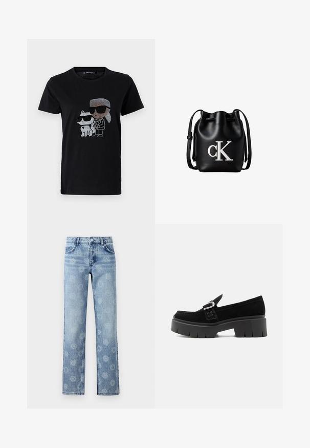Schwarzes Baumwoll-T-Shirt mit einem Strassmotiv von einer Person und einer weißen Katze, die beide eine Sonnenbrille tragen. Runder Ausschnitt und kurze Ärmel.; Hellblaue Jeans aus Denim mit einem leicht ausgebleichten Finish, blumigem Muster, fünf Taschen und geradem Beinschnitt.; Schwarzer Wildleder-Slipper mit klobiger Profilsohle, silberner Schnallendetail und geprägtem "HUGO" auf dem seitlichen Riemen, dargestellt von der Außenseite.; Schwarze Leder-Bucket-Bag mit Kordelzugverschluss oben und weißem "cK" Logo auf der Vorderseite, mit verstellbarem Schulterriemen.