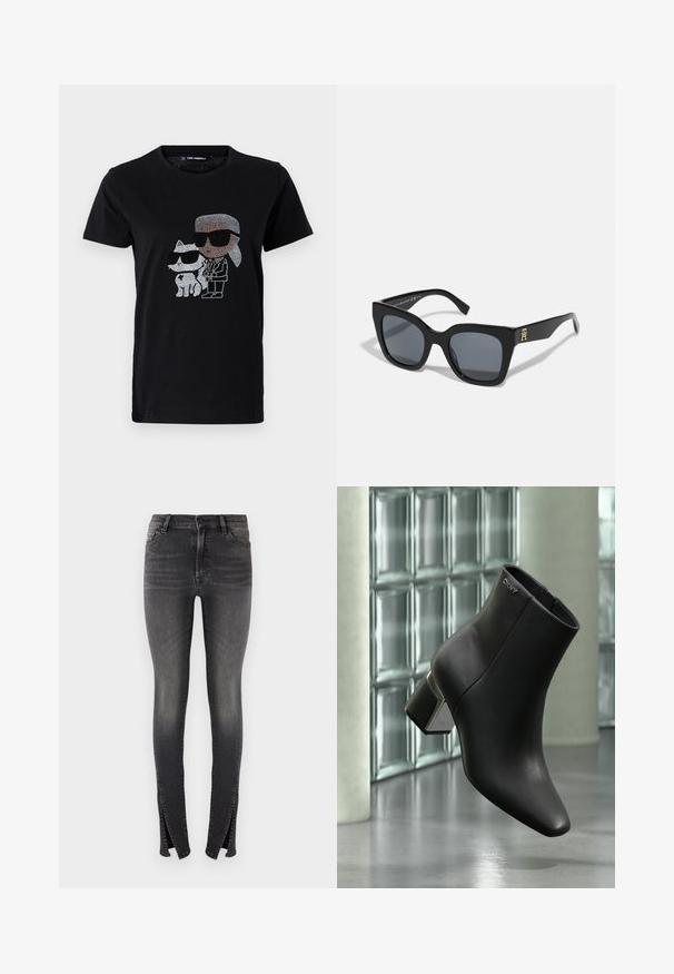 Mustmust mustshirt, mille rhinestone graafikula isikust ja valgest kassist, kummalgi prillid peas. Ümmargune kaelus ja lühikesed varrukad.; Kitsad teksad tumedas hallides denimitoonides, millel on kõrge vöökoht, ees taskud ja ainulaadsed lõhed pahkluude juures, mis loovad kaasaegse disaini.; Mustast nahast pahkluu saabas plokkseseljaga, DKNY logo lähedal ülaosas, eksponeeritud klaasplokiseina ja poleeritud betoonpõranda taustal.; Mustad mustad, julgete kujuga, tumedate läätsedega ja kuldse logo aktsendiga ühel käel. Valmistatud läikivast plastmaterjalist.
