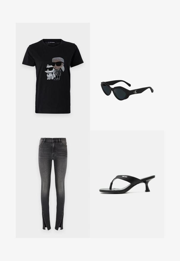 Schwarzes Baumwoll-T-Shirt mit einem Strassmotiv von einer Person und einer weißen Katze, die beide eine Sonnenbrille tragen. Runder Ausschnitt und kurze Ärmel.; Schlanke Jeans aus dunkelgrauem Denim, mit hoher Taille, Vorderseiten-Taschen und einzigartigen Schlitzen an den Knöcheln für ein modernes Design.; Schwarze Sandale mit Absatz und DKNY-Logo auf dem Riemen sowie einem schlanken, gebogenen Kitten-Heel auf weißem Hintergrund.; Schwarze cat-eye Sonnenbrille mit glänzender Oberfläche, dunklen Gläsern und einem "cK"-Logo am Steg. Winkeliges Design und dicke Rahmen.